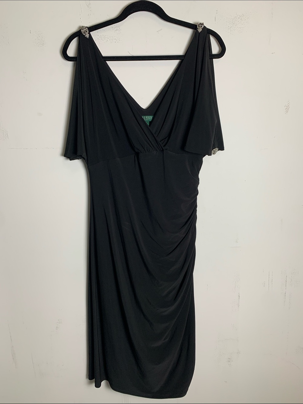 Ralph Lauren Black V-Neck Draped Midi Dress